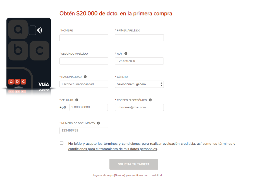 Formulario de solicitud Tarjeta ABC