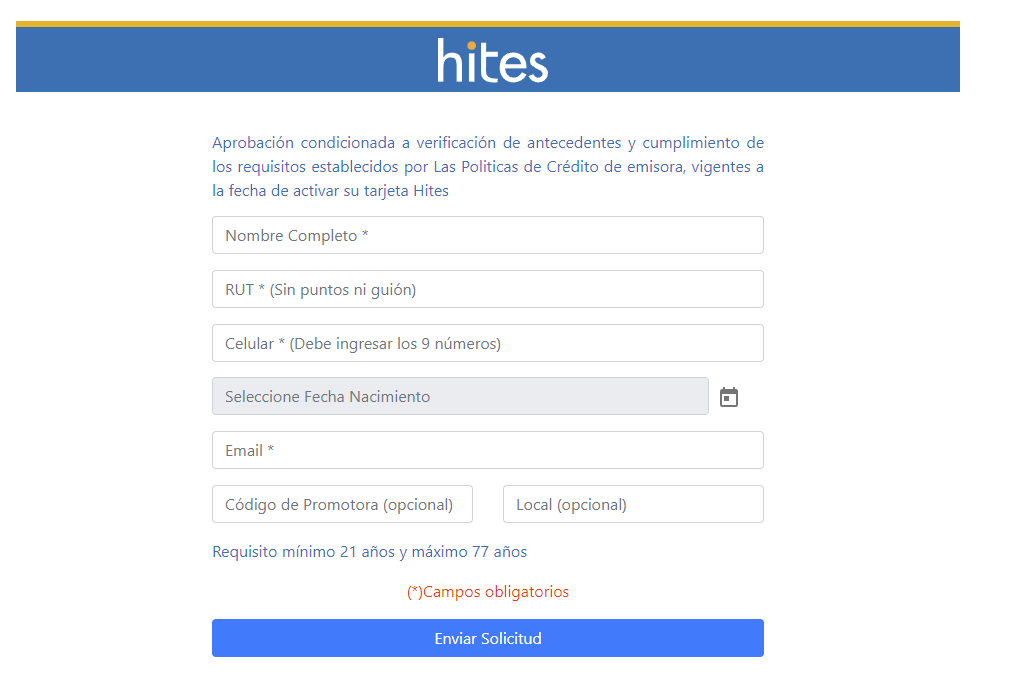 Formulario de solicitud tarjeta Hites